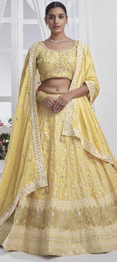 Bridal, Reception, Wedding Yellow color Lehenga in Chiffon fabric with Flared Embroidered, Sequence, Thread work : 1945596