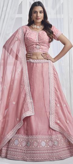 Bridal, Reception, Wedding Pink and Majenta color Lehenga in Organza Silk fabric with Flared Embroidered, Sequence, Thread work : 1945597