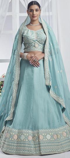Bridal, Reception, Wedding Blue color Lehenga in Organza Silk fabric with Flared Embroidered, Sequence, Thread work : 1945598