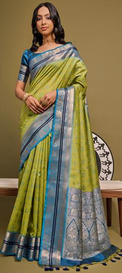 Party Wear, Traditional Green color Saree in Raw Silk fabric with South Bandhej, Printed, Weaving, Zari work : 1945616