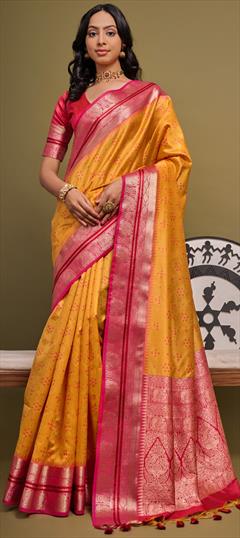 Party Wear, Traditional Yellow color Saree in Raw Silk fabric with South Bandhej, Printed, Weaving, Zari work : 1945617