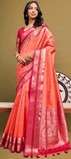 Party Wear, Traditional Pink and Majenta color Saree in Raw Silk fabric with South Bandhej, Printed, Weaving, Zari work : 1945621