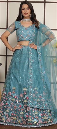 Bridal, Wedding Blue color Lehenga in Net fabric with A Line Embroidered, Sequence, Thread work : 1945690
