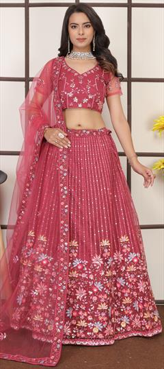 Bridal, Wedding Red and Maroon color Lehenga in Net fabric with A Line Embroidered, Sequence, Thread work : 1945692