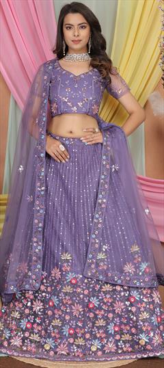 Bridal, Wedding Purple and Violet color Lehenga in Net fabric with A Line Embroidered, Sequence, Thread work : 1945693