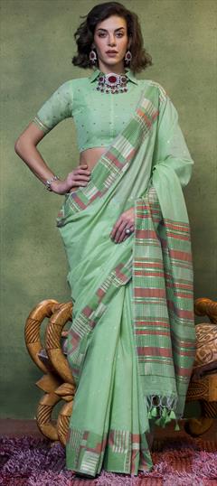 Festive, Traditional Green color Saree in Handloom fabric with Bengali Weaving work : 1945819