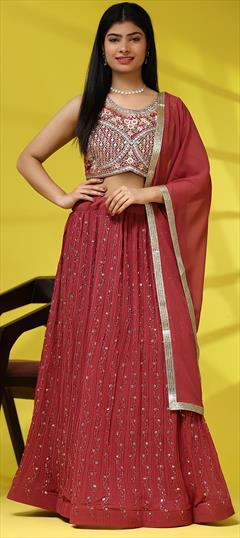 Engagement, Reception, Wedding Red and Maroon color Ready to Wear Lehenga in Georgette fabric with Flared Embroidered, Sequence work : 1945821