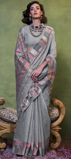Festive, Traditional Black and Grey color Saree in Handloom fabric with Bengali Weaving work : 1945838