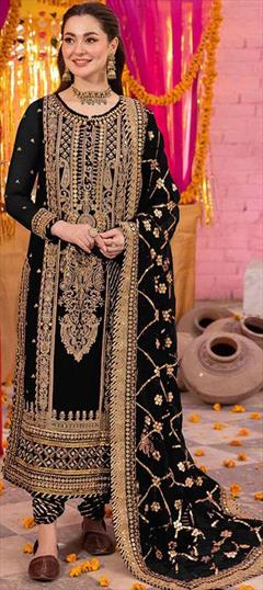 Festive, Party Wear, Reception Black and Grey color Salwar Kameez in Faux Georgette fabric with Pakistani, Straight Embroidered, Sequence, Thread work : 1945933