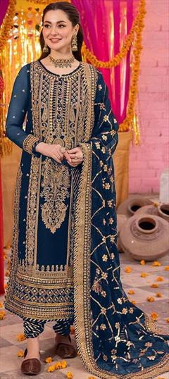 Festive, Party Wear, Reception Blue color Salwar Kameez in Faux Georgette fabric with Pakistani, Straight Embroidered, Sequence, Thread work : 1945934