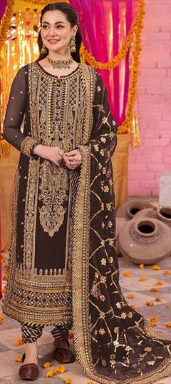 Festive, Party Wear, Reception Beige and Brown color Salwar Kameez in Faux Georgette fabric with Pakistani, Straight Embroidered, Sequence, Thread work : 1945936