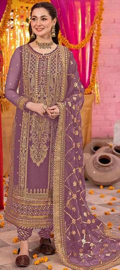 Festive, Party Wear, Reception Pink and Majenta color Salwar Kameez in Faux Georgette fabric with Pakistani, Straight Embroidered, Sequence, Thread work : 1945939