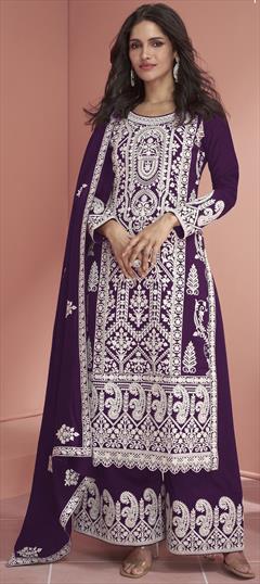 Bollywood Purple and Violet color Salwar Kameez in Faux Georgette fabric with Palazzo, Straight Embroidered, Sequence work : 1945950