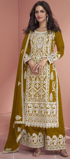 Bollywood Gold color Salwar Kameez in Faux Georgette fabric with Palazzo, Straight Embroidered, Sequence work : 1945951
