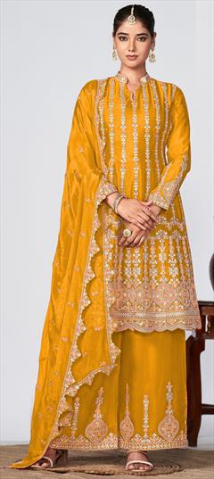 Engagement, Festive, Reception Yellow color Salwar Kameez in Art Silk fabric with Palazzo, Straight Embroidered, Thread work : 1945957