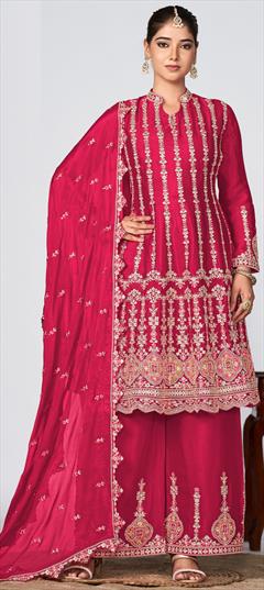 Engagement, Festive, Reception Pink and Majenta color Salwar Kameez in Art Silk fabric with Palazzo, Straight Embroidered, Thread work : 1945960