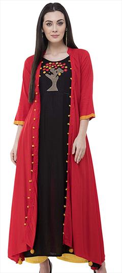 Summer Black and Grey, Red and Maroon color Kurti in Rayon fabric with A Line Cut Dana, Embroidered, Stone work : 1945962