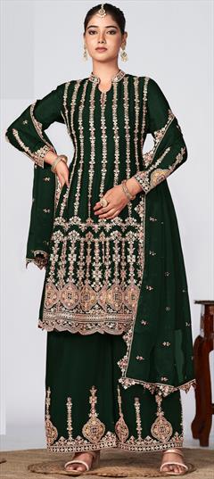 Engagement, Festive, Reception Green color Salwar Kameez in Art Silk fabric with Palazzo, Straight Embroidered, Thread work : 1945963