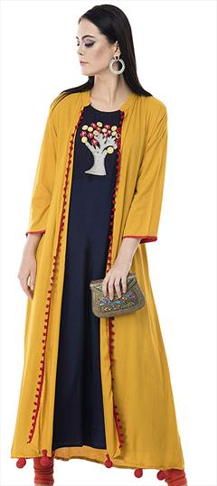Summer Black and Grey, Yellow color Kurti in Rayon fabric with Anarkali Embroidered work : 1945964