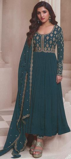 Festive, Reception Blue color Salwar Kameez in Art Silk fabric with Anarkali Embroidered, Thread work : 1945979