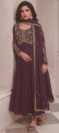 Festive, Reception Purple and Violet color Salwar Kameez in Art Silk fabric with Anarkali Embroidered, Thread work : 1945980