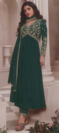 Festive, Reception Green color Salwar Kameez in Art Silk fabric with Anarkali Embroidered, Thread work : 1945981