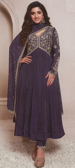 Festive, Reception Purple and Violet color Salwar Kameez in Art Silk fabric with Anarkali Embroidered, Thread work : 1945989