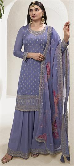 Bollywood Purple and Violet color Salwar Kameez in Silk fabric with Palazzo, Straight Embroidered, Sequence, Thread, Zari work : 1945994