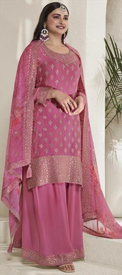 Bollywood Pink and Majenta color Salwar Kameez in Silk fabric with Palazzo, Straight Embroidered, Sequence, Thread, Zari work : 1945996