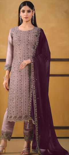 Party Wear, Reception Purple and Violet color Salwar Kameez in Art Silk fabric with Pakistani, Straight Embroidered, Resham, Thread work : 1945997