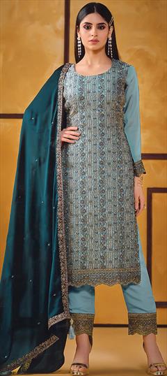 Party Wear, Reception Blue color Salwar Kameez in Art Silk fabric with Pakistani, Straight Embroidered, Resham, Thread work : 1945999