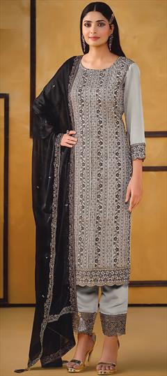 Party Wear, Reception Black and Grey color Salwar Kameez in Art Silk fabric with Pakistani, Straight Embroidered, Resham, Thread work : 1946001