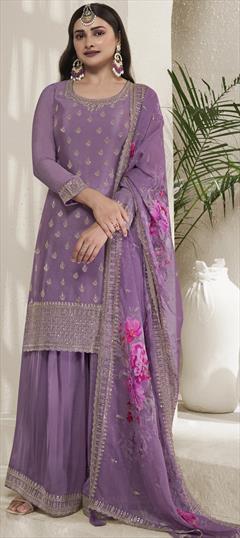 Bollywood Purple and Violet color Salwar Kameez in Silk fabric with Palazzo, Straight Embroidered, Sequence, Thread, Zari work : 1946002