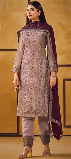 Party Wear, Reception Pink and Majenta color Salwar Kameez in Art Silk fabric with Pakistani, Straight Embroidered, Resham, Thread work : 1946004