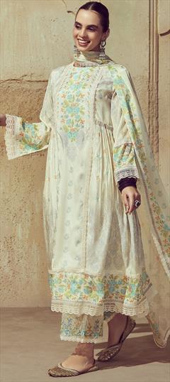 Festive, Party Wear White and Off White color Salwar Kameez in Muslin fabric with Pakistani, Straight Border, Digital Print work : 1946015