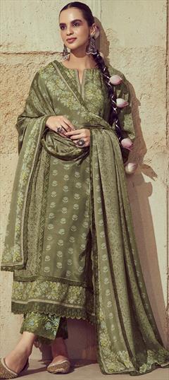Festive, Party Wear Green color Salwar Kameez in Muslin fabric with Pakistani, Straight Border, Digital Print work : 1946017