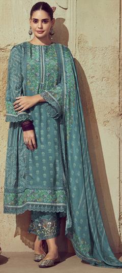 Festive, Party Wear Blue color Salwar Kameez in Muslin fabric with Pakistani, Straight Border, Digital Print work : 1946019
