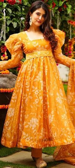 Festive, Party Wear, Reception Yellow color Salwar Kameez in Organza Silk fabric with Anarkali Printed work : 1946024