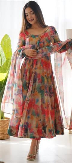 Festive, Party Wear, Reception Multicolor color Salwar Kameez in Organza Silk fabric with Anarkali Printed work : 1946026