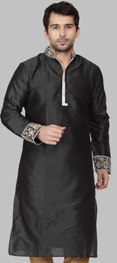 Party Wear Black and Grey color Kurta in Dupion Silk fabric with Embroidered work : 1946046