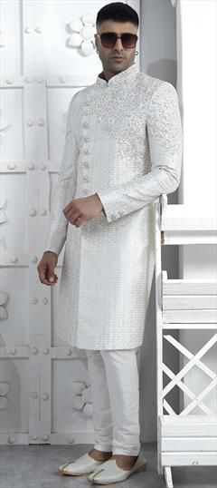 Wedding White and Off White color Sherwani in Art Silk fabric with Bugle Beads, Cut Dana, Sequence, Thread work : 1946056