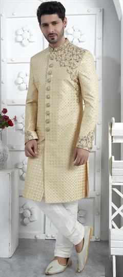 Wedding Beige and Brown color Sherwani in Art Silk fabric with Cut Dana, Embroidered, Sequence, Thread work : 1946058