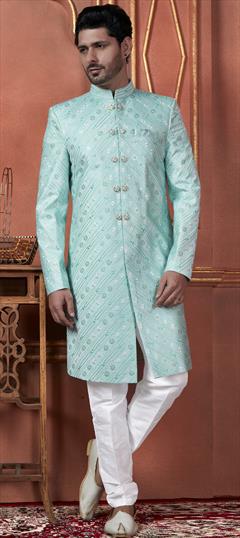 Wedding Green color Sherwani in Art Silk fabric with Embroidered, Sequence, Thread work : 1946099