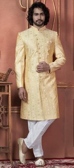 Wedding Yellow color Sherwani in Art Silk fabric with Embroidered, Sequence, Thread work : 1946101