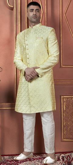 Wedding Yellow color Sherwani in Art Silk fabric with Embroidered, Sequence, Thread work : 1946108
