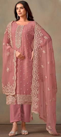 Festive, Reception Pink and Majenta color Salwar Kameez in Organza Silk fabric with Pakistani, Straight Embroidered, Thread work : 1946138