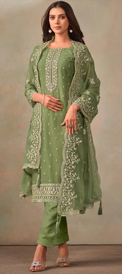 Festive, Reception Green color Salwar Kameez in Organza Silk fabric with Pakistani, Straight Embroidered, Thread work : 1946139