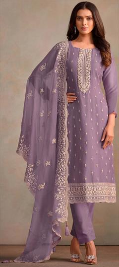 Festive, Reception Purple and Violet color Salwar Kameez in Organza Silk fabric with Pakistani, Straight Embroidered, Thread work : 1946140