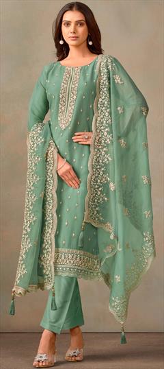 Festive, Reception Green color Salwar Kameez in Organza Silk fabric with Pakistani, Straight Embroidered, Thread work : 1946141