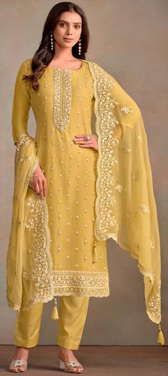 Festive, Reception Yellow color Salwar Kameez in Organza Silk fabric with Pakistani, Straight Embroidered, Thread work : 1946142